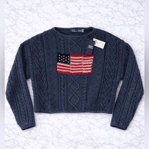 NWT Polo Ralph Lauren Navy Cable Knit Aran Sweater with Flag
